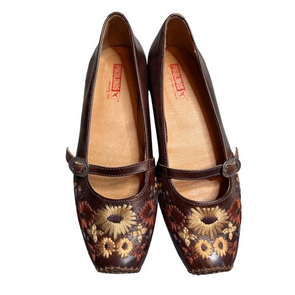 Pikolinos Embroidered Leather Mary Jane Flats EU 38 Brown Floral Boho Cottage - Picture 1 of 8